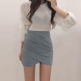 Skirts Blue Wrap Skirt Short Style Spring And Autumn High Waist Thin One-step Black Tight Hip Fold Irregular For Women