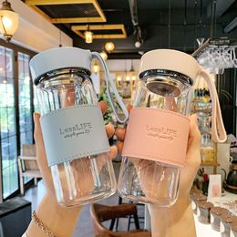 Water Bottles Japanese Style Fashion Glass Bottle 480ml wtaer Bottle With Tea Infuser Insulation Sleeve High Temperature Drinking Bottles Milk 230216