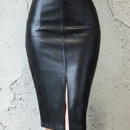 Skirts Aachoae Black PU Leather Skirt Women Midi Sexy High Waist Bodycon Split Skirt Office Pencil Skirt Knee Length 230217