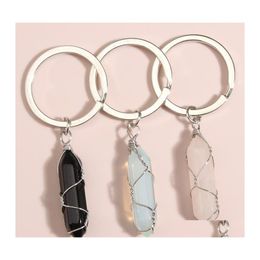 Key Rings Wire Wrap Natural Stone Hexagonal Prism Healing Crystal Pink Car Decor Keyholder Keychains For Women Men Drop Delivery Jewe Dhnog