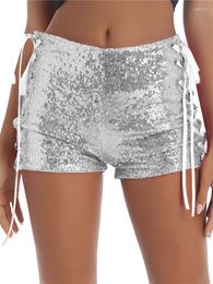 Women's Shorts Hirigin Women's Shiny Glitter Sequined Outfit Side Cutout Cross Bandage Short Bottoms Party Festival Clothes
