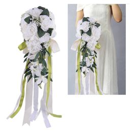 Decorative Flowers Romantic White Wedding Hand Bouquet Bridal Holding Artificial Cloth 45x19cm For Floral Arrangements Pography Props