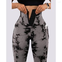 Women's Leggings Spring Autumn Women Tie Dye Print Tummy Control BuLifting Pocket Design Legging Sexy Push Up Slim Yoga Pants Chic Trousers