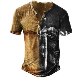 Men's T-Shirts emple Knights 3D for Cotton Seven-Button Vintage Summer Short Sleeve ops Oversized ees Male Clothing 230217