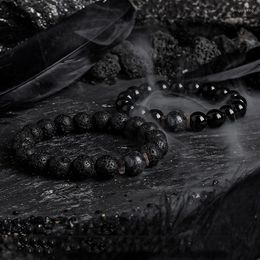Charm Bracelets Dark Series Black Natural Labradorite Stone Bead Bracelet Homme Volcanic Obisidian Beads Elastic Jewellery For Women Tibetan