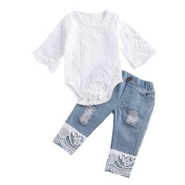 Clothing Sets lioraitiin 0-24M Baby Girls Fall Clothes Long Sleeve Lace Romper Suit Triangle Crotch Lace Top Hole Long Jeans 2Pcs Outfit 230217