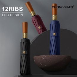 Umbrellas Men Women 12Ribs Automatic Windproof Fold Strong UV Wooden Handle Vinyle Business Luxury Travel Accessories 230217