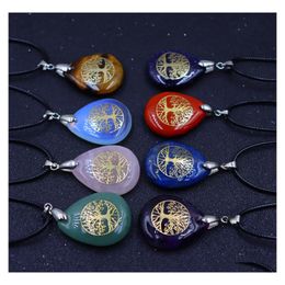 Pendant Necklaces Natural Stone Tree Of Life Chakra Reiki Healing Crystal Teardrop Tumbled Gem Necklace Jewellery Drop Delivery Pendant Dh7Vu