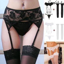 Women's Panties 3pc Sexy Lace Garter Belt With Matching Thong And Sheer Thigh High Stocking Set Exotic Accessories