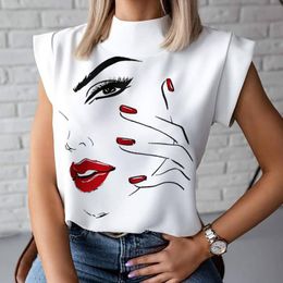 Women's Blouses Shirts Fashion Women Elegant Lips Print Tops and Blouse Summer Ladies Office Casual Stand Neck Pullovers Eye Blusa 230217