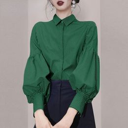 Women's Blouses Shirts Vintage Blouse Women Autumn Spring Elegant Fashion Lantern Sleeve Lady Lapel Loose Striped Tops Green Button Up 230217