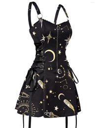 Casual Dresses Dressfo Gothic Sun Star Print Mini Dress Half Zipper Lace Up High Waisted Strap Tank Robe Women Fashion Sexy Summer Clothing