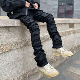 Men's Jeans Heavy Industry Hole Frayed Destruction Waxed Mens High Street Retro Straight Ripped Pencil Pants Oversize Denim Trousers 230216