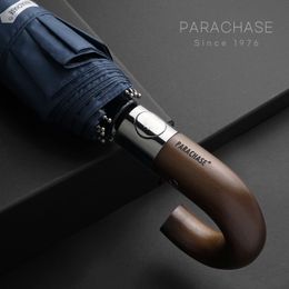 Umbrellas PARACHASE Automatic Folding Umbrella Men Women 10K Strong Windproof Rain Anti UV Sun Protection Wooden Handle Paraguas 230217