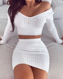 Work Dresses Women Solid Ribbed Crop Top & Skirt Sets Female Two Piece Suit Casual Summer Autumn Sexy V Neck Blouse Mini