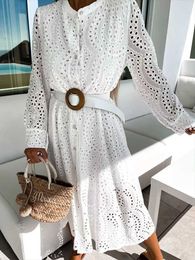 Casual Dresses Elegant Hollow Out Lace Solid Dress Office Lady Slit Button Shirt Dress Autumn Spring Long Sleeve Tennis Beach Dresses Robe Z0216