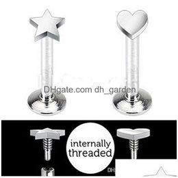 Labret Lip Piercing Jewelry 16G M6/8/10M M Star Heart Top Internally Threaded Labret Bar Ring Stud Body Tragus Ear Rings Dro Dhgarden Dhp9Q