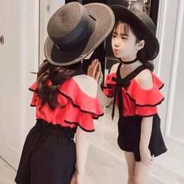 Clothing Sets Girls' Summer Suit 2023 Children's Suspender 0ff Shoulder Top Korean Version Shorts Two-Piece Set Kids Clothes RUFFLE