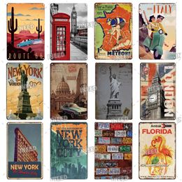 Decor Vintage City Landscape art Metal Tin Sign New York London Italy Metal Painting Retro Poster Travel Scenery Wall personalized Stickers size 30X20CM w02