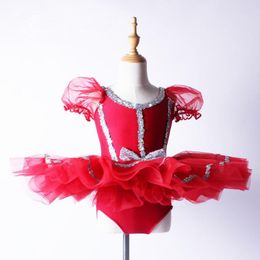 Stage Wear Support Dance Girls Red Puff Sleeve Sequined Professional Ballet Tutu Dress Kids Costume C108