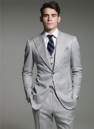 Brand New Light Grey Groom Tuxedos Peak Lapel Groomsmen Mens Wedding Dress Style Man Jacket Blazer 3 Piece Suit Jacket Pants Vest Tie 884