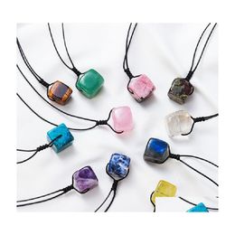 Pendant Necklaces Natural Stone Square Cubic Rose Quartz Crystal Necklace Healing Amethyst Lapis For Women Men Jewellery Carshop2006 D Dhn0F