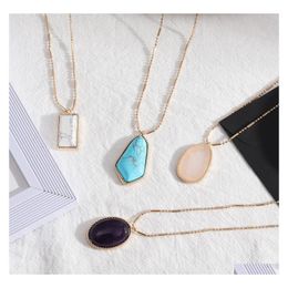 Pendant Necklaces Fashion Pink Quartz Turquoise Natural Stone Brand Gold Plated For Women Jewelry Gift Drop Delivery Pendants Dhxmu