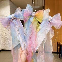 Large Satin Rainbow Ribbon Bow Hair Clip for Princess Girls Long Ribbon Barrette Clip Korean Hairpin Hair Accessories 1657