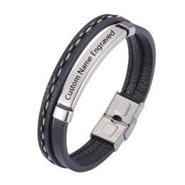 Charm Bracelets Men Custom Name Bracelet Fashion Stainless Steel Leather Bangles Handmade Wristband Adjustable Length Male Boy Gift KZ1097