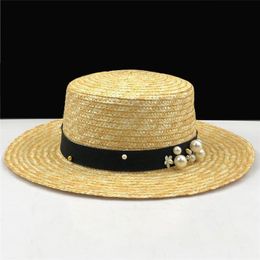 Wide Brim Hats Flat Pearl Straw Hat Girls Summer Sun For Women Beach Boater Ladies Panama Chapeau Femme FedoraWide