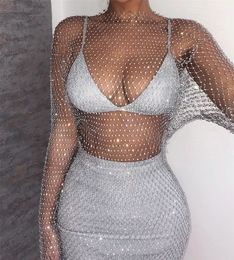 Casual Dresses DIRTYLILY Crystal Diamond Sexy Bodycon Women Hollow Out Long Sleeve Mini Summer See Through Party 230217