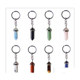 Key Rings Natural Stone Hexagonal Prism Keychains Sier Colour Healing Amethyst Pink Crystal Car Decor Keyholder For Women Carshop2006 Dhybv