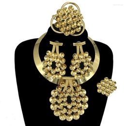 Necklace Earrings Set Brazilian Nigeria USA Big Flower Pendants Banquet Jewellery Beautiful Women's Dubai Gold Plated Handmade FHK14202