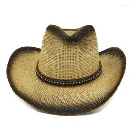 Berets High Quality Black Paint Spraying Wide Brim Paper Straw Cowboy Hats For Men Women Summer Beach Sun Visor Caps Panama Sunhat