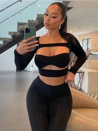 Women's Two Piece Pants Set Women Tracksuits Sexy Cut Out Long Sleeve Crop Top High Waist Pencil Outfits 2023 Spring Fall Black GothicWomen'