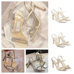 2023 Summer Brand Meira Sandals Shoes White Crystal Embellished Strappy Pumps Feminine Stiletto Heel Evening Dress Bridal Wedding Dress Sandalias Shoe EU35-43.BOX