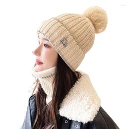 Berets 2pcs Sets Knitted Hat And Warmer Necker Scarf Winter Female Women Casual Thick Warm Beanie Cap Pompom Skullies For Riding