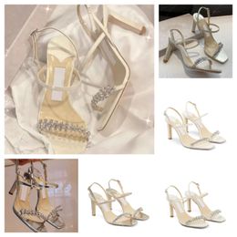 New Summer Brand Meira Sandals Shoes Women Crystal Embellished Strappy Pumps Feminine Stiletto Heel Evening Dress Bridal Wedding Dress Sandalias Shoe EU35-43.BOX