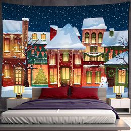 Tapestries Cartoon Christmas Snow Scene Tapestry Wall Hanging Snowman Gift Socks New Year Cute Hippie Background Cloth Home Decor
