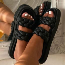 Slippers Summer 2023 Women Leather Weave Platform Wedges Thick Sole Black Beach Outdoor Slides Casual Sexy Sandals Ladies Shoes