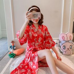 Women's Sleepwear 2023 Summer Silk Satin Short Sleeve Kimono Robes For Women Chinese Print Bathrobe Homewear Night Dress Nighty Clothes