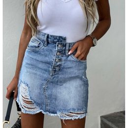 Skirts Women's Casual Fashion Buttons Denim Short Skirt Irregular Frayed Hole Distressed Ripped Ladies Slim Tight Pencil Jean SkirtSkirt