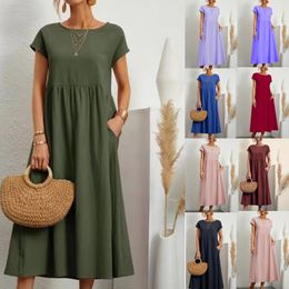 Casual Dresses Women Vintage Solid Summer Elegant O Neck Short Sleeve Cotton Linen Female Loose Sundress Long 230217