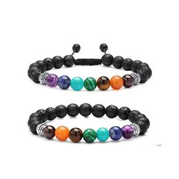 Charm Bracelets 8Mm Chakras Beads Bracelet Black Lava Stone Buddha Yoga Women Men Hand String Jewellery Drop Delivery Dhufx