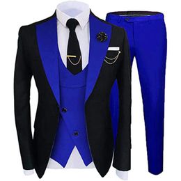 Men's Suits & Blazers Formal Mens Wedding Groom Attire Tuxedos Royal Blue Peaked Laple Black Jacket Vest Pants Slim Fit Wear Custom Made