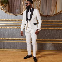 Fashion Three Piece Wedding Tuxedos White Suit Slim Jacket Pant Vest Men Suit For Grooms 2023 Slim Black Men Formal Prom Party Suit Costume Shawl Lapel Male Blazer