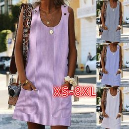 Casual Dresses Women Summer Print Striped Sleeveless Pocket Female Tank Vest Loose T Shirt Fashion Pullover Tops 230217