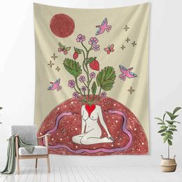 Tapestries Girl Tarot Astrology Tapestry Wall Hanging Boho Wicca Sun Moon Botanical Floral Aesthetic Room Home Decor