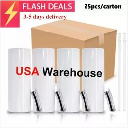 USA Local Warehouse Sublimation Mugs Tumblers 20 Oz Stainless Steel Straight Blank white with Lid and Straw for Heat Transfer DIY Gift Coffee Bottlle