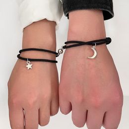 Charm Bracelets 2 PCS/Set Couple Star Moon Bracelet For Women Men Woven Rope Heart Lock Key Magnetic Jewelry Friendship Lover Wrist Gift